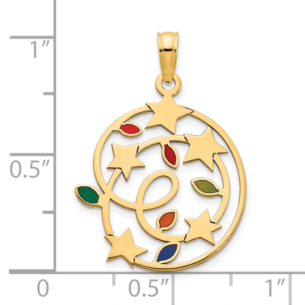 14k Yellow Gold Multi-color Epoxy Christmas Lights and Stars Pendant
