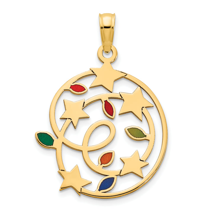 14k Yellow Gold Multi-color Epoxy Christmas Lights and Stars Pendant