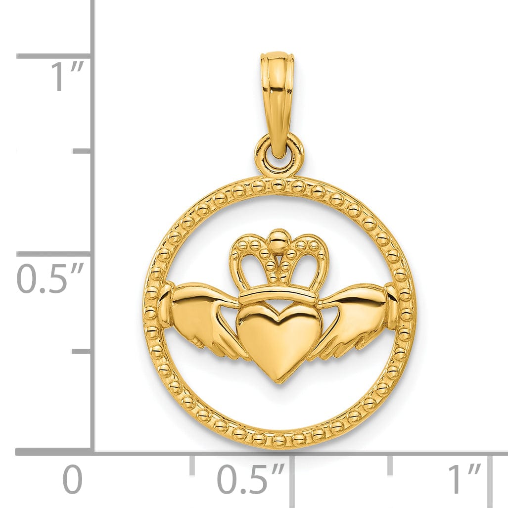 14k Yellow Gold Polished Circle Design Claddagh Pendant