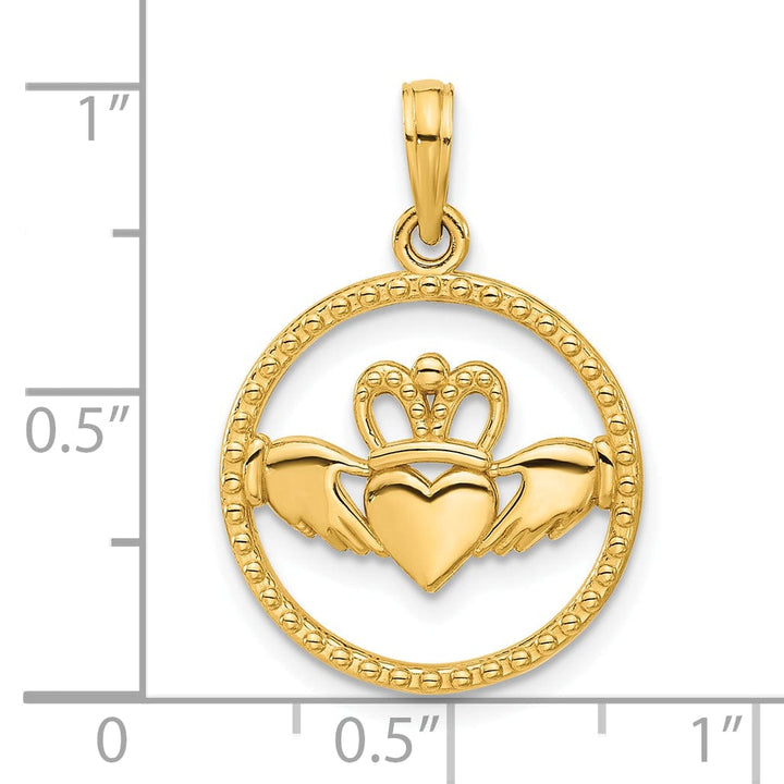 14k Yellow Gold Polished Circle Design Claddagh Pendant