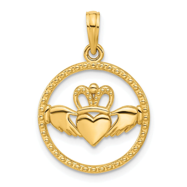 14k Yellow Gold Polished Circle Design Claddagh Pendant