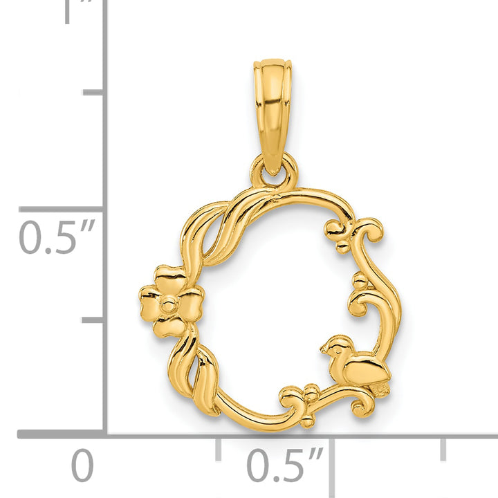 14k Yellow Gold Polished Clover Floral Bird Circle Design Pendant