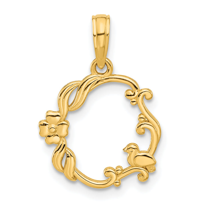 14k Yellow Gold Polished Clover Floral Bird Circle Design Pendant