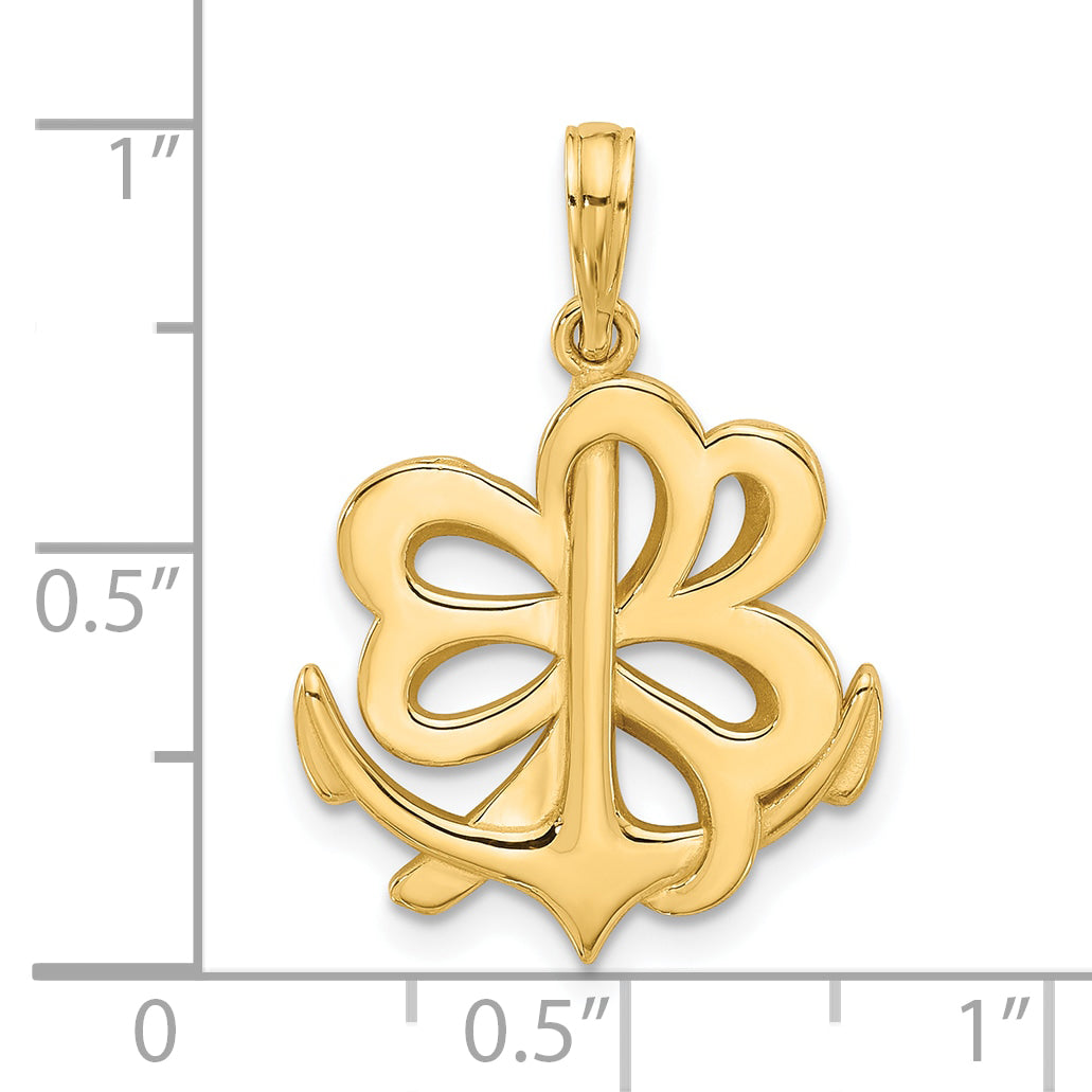 14K Yellow Gold Polished Anchor & Clover Design Pendant