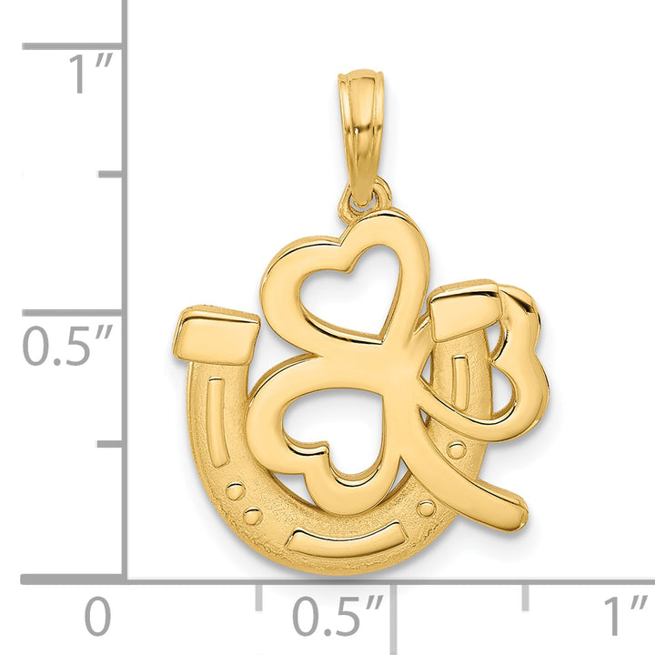 14K Yellow Gold Polished Satin Finish Horseshoe and Clover Pendant