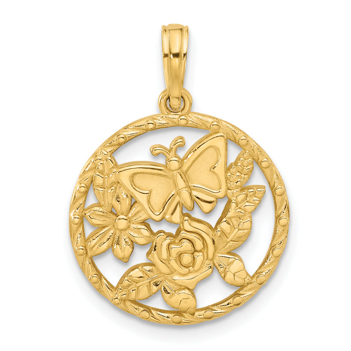 14K Yellow Gold Polished Fancy Butterfly Flowers Pendant