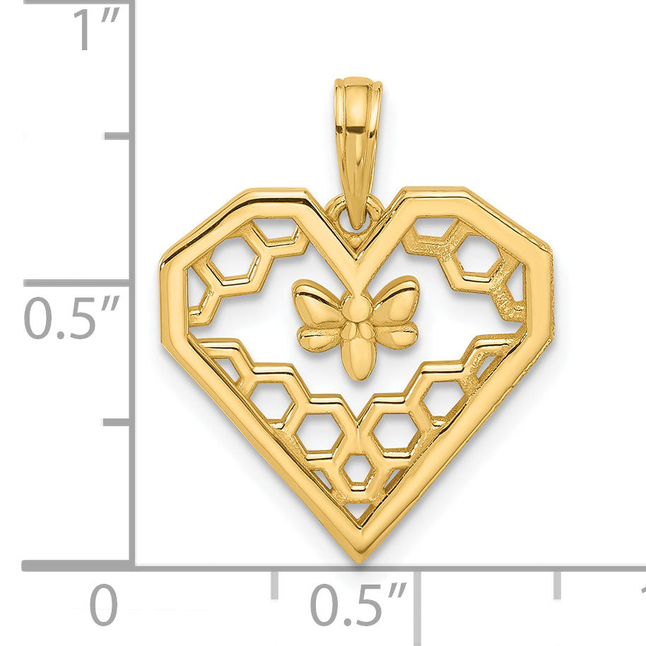 14K Yellow Gold Fancy Heart & Bee Honeycomb Pendant