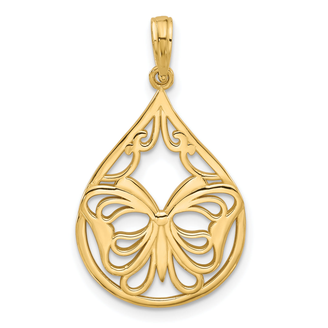 14K Yellow Gold Butterfly Teardrop Design Charm Pendant