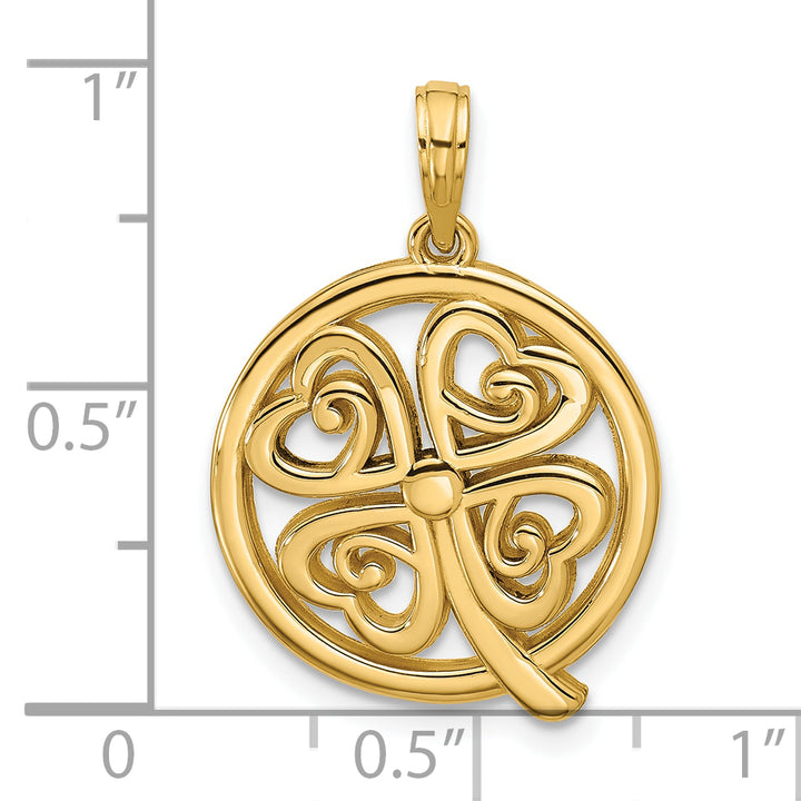 14K Yellow Gold Polished Four Leaf Clover in Circle Design Pendant