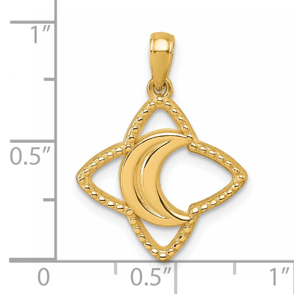 14K Yellow Gold Beaded Design Moon and Star Pendant