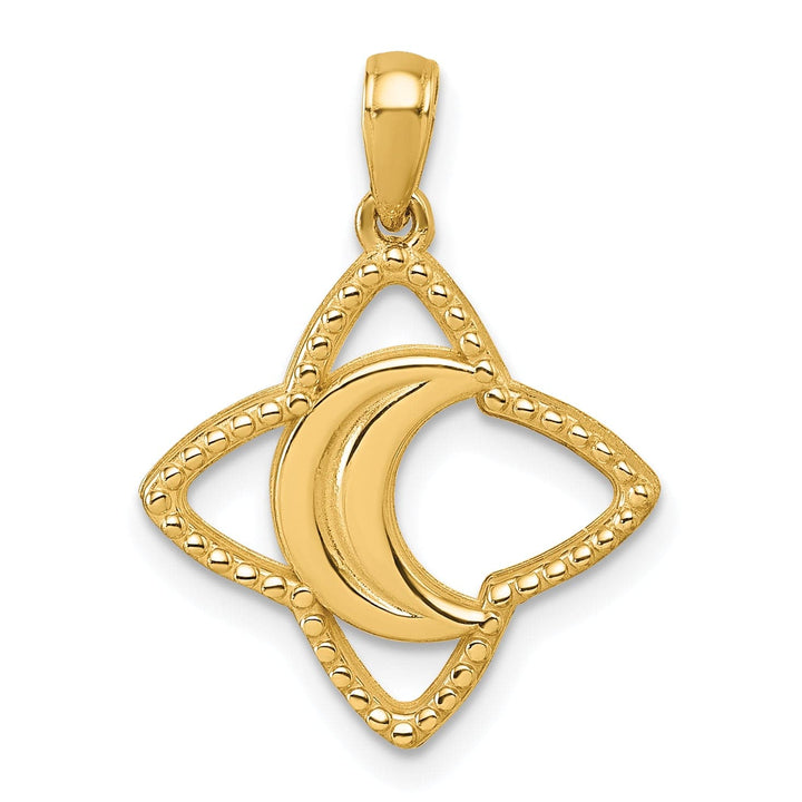 14K Yellow Gold Beaded Design Moon and Star Pendant