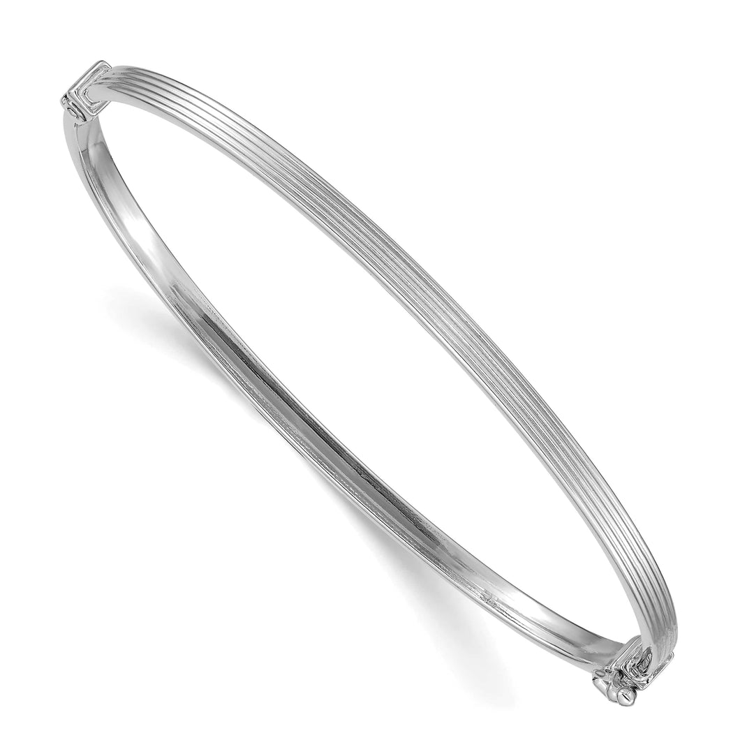 14k White Gold Textured Stripe 3.00mm Hinged Oval Bangle Bracelet