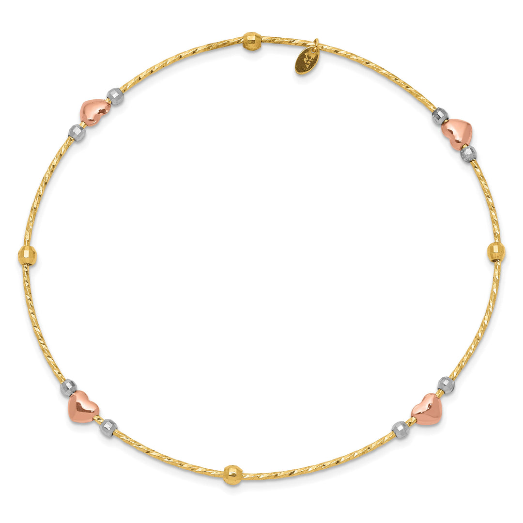 14k Tri-color Diamond-cut Hearts and Beads Slip-on Round Bangle