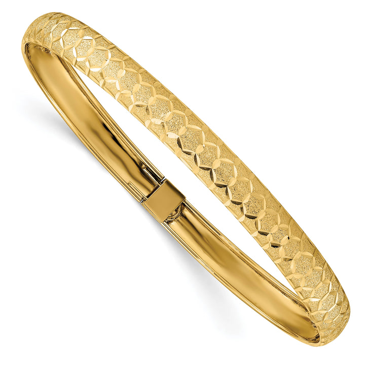14k Satin Hexagonal Design Diamond-cut 6.50mm Flexible Oval Bangle