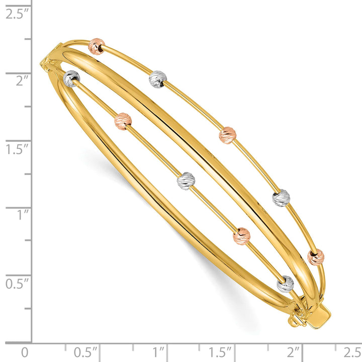 14k Tri-color 3-Row Diamond-cut Beaded Hinged Oval Bangle Bracelet