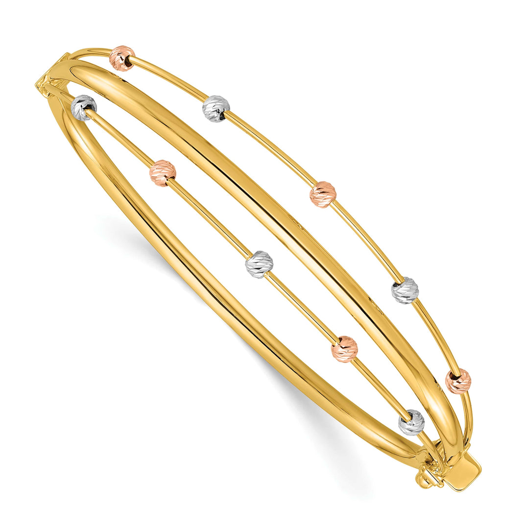14k Tri-color 3-Row Diamond-cut Beaded Hinged Oval Bangle Bracelet
