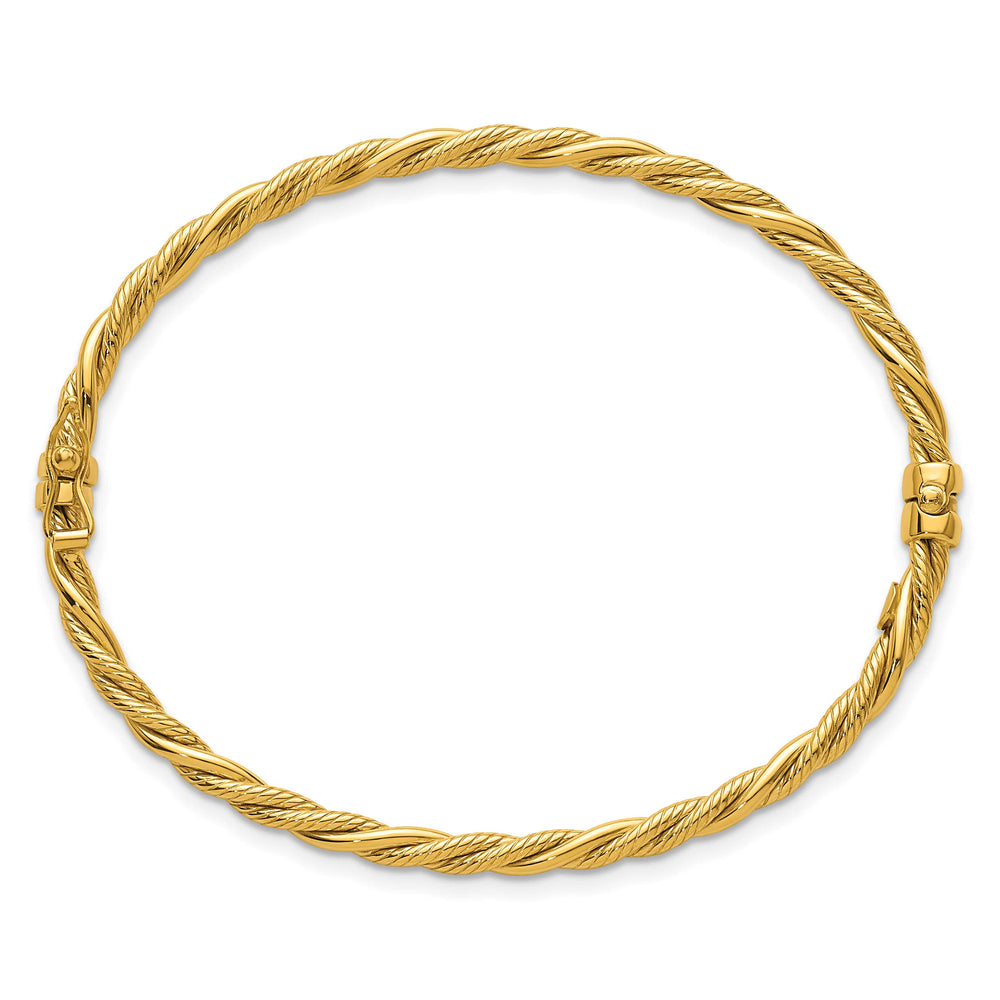 14K Polished and Textured 3.25mm Twisted Hinged Oval Bangle Bracelet