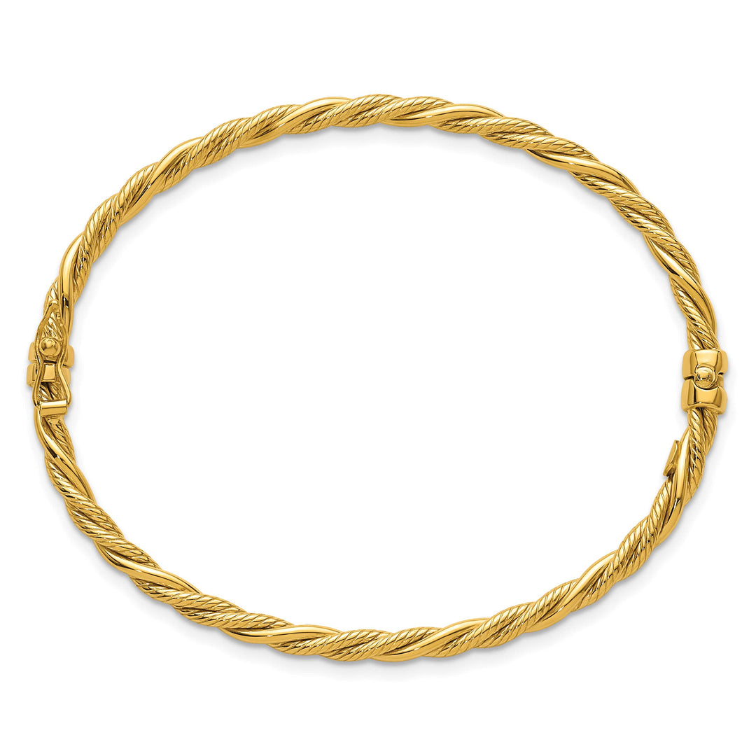 14K Polished and Textured 3.25mm Twisted Hinged Oval Bangle Bracelet