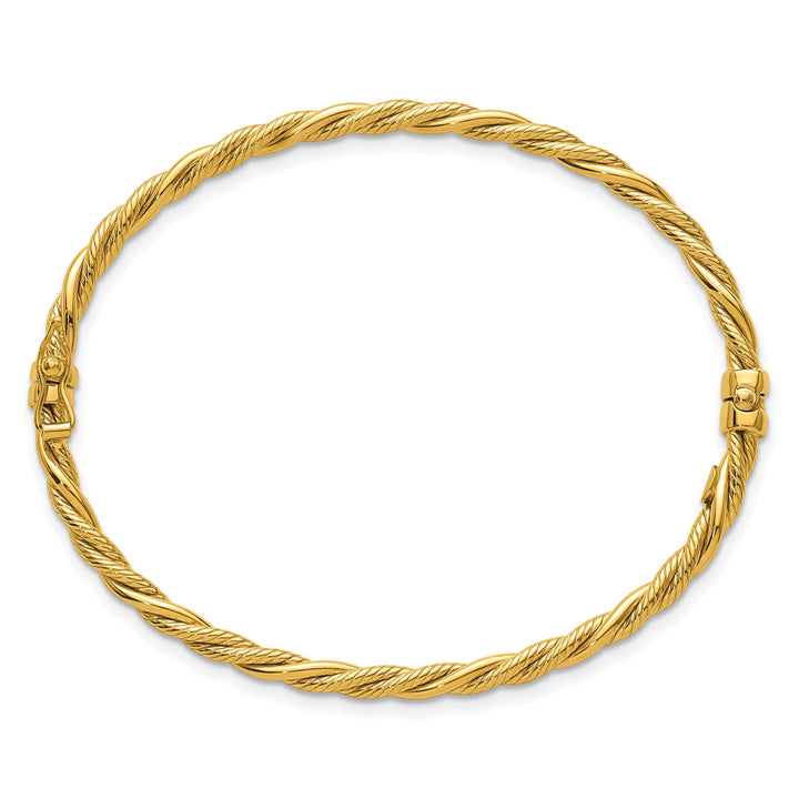 14K Polished and Textured 3.25mm Twisted Hinged Oval Bangle Bracelet