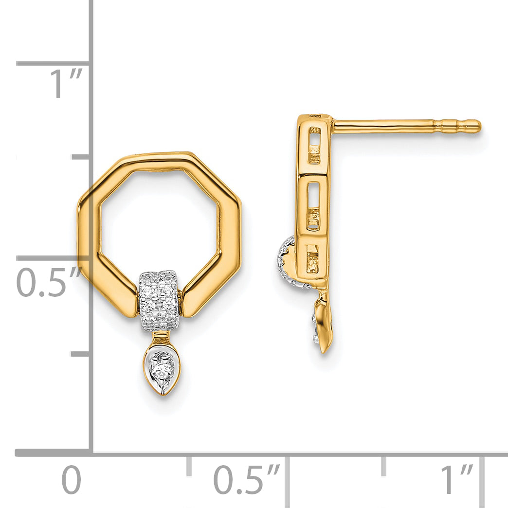 14K Yellow Gold Polished 1/10 CT Diamond Octagon Shape Drop Post Earrings