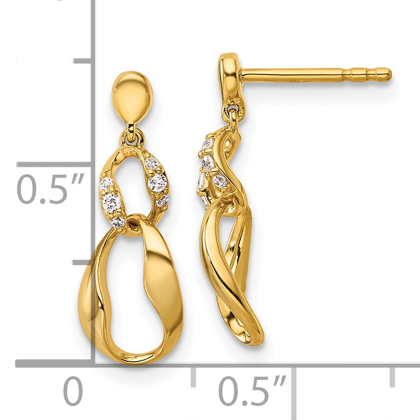 14K Yellow Gold Polished 1/15 CT Diamond Wavy Oval Dangle Post Earrings