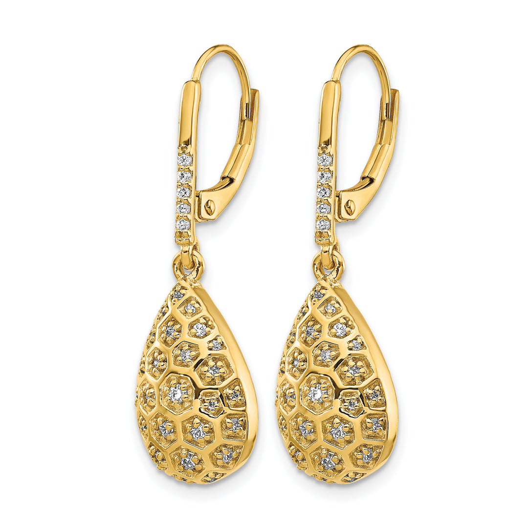 14k Yellow Gold 3/8 CT Diamond Honeycomb Teardrop Leverback Earrings