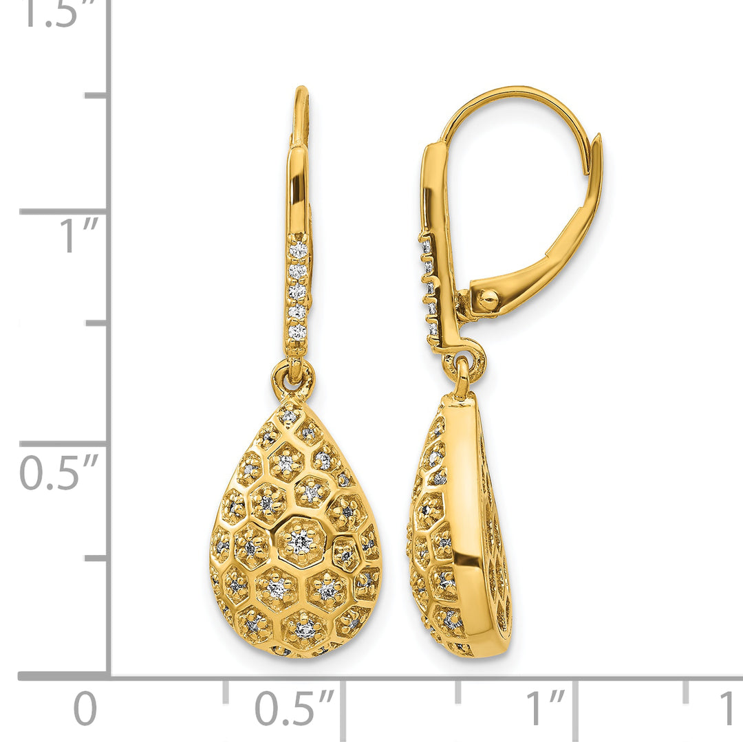 14k Yellow Gold 3/8 CT Diamond Honeycomb Teardrop Leverback Earrings