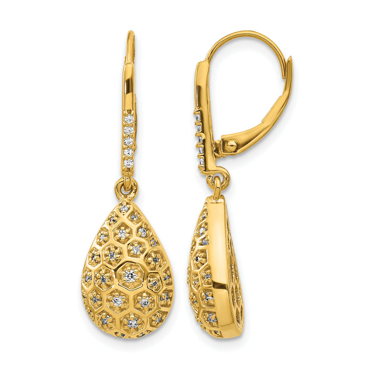 14k Yellow Gold 3/8 CT Diamond Honeycomb Teardrop Leverback Earrings