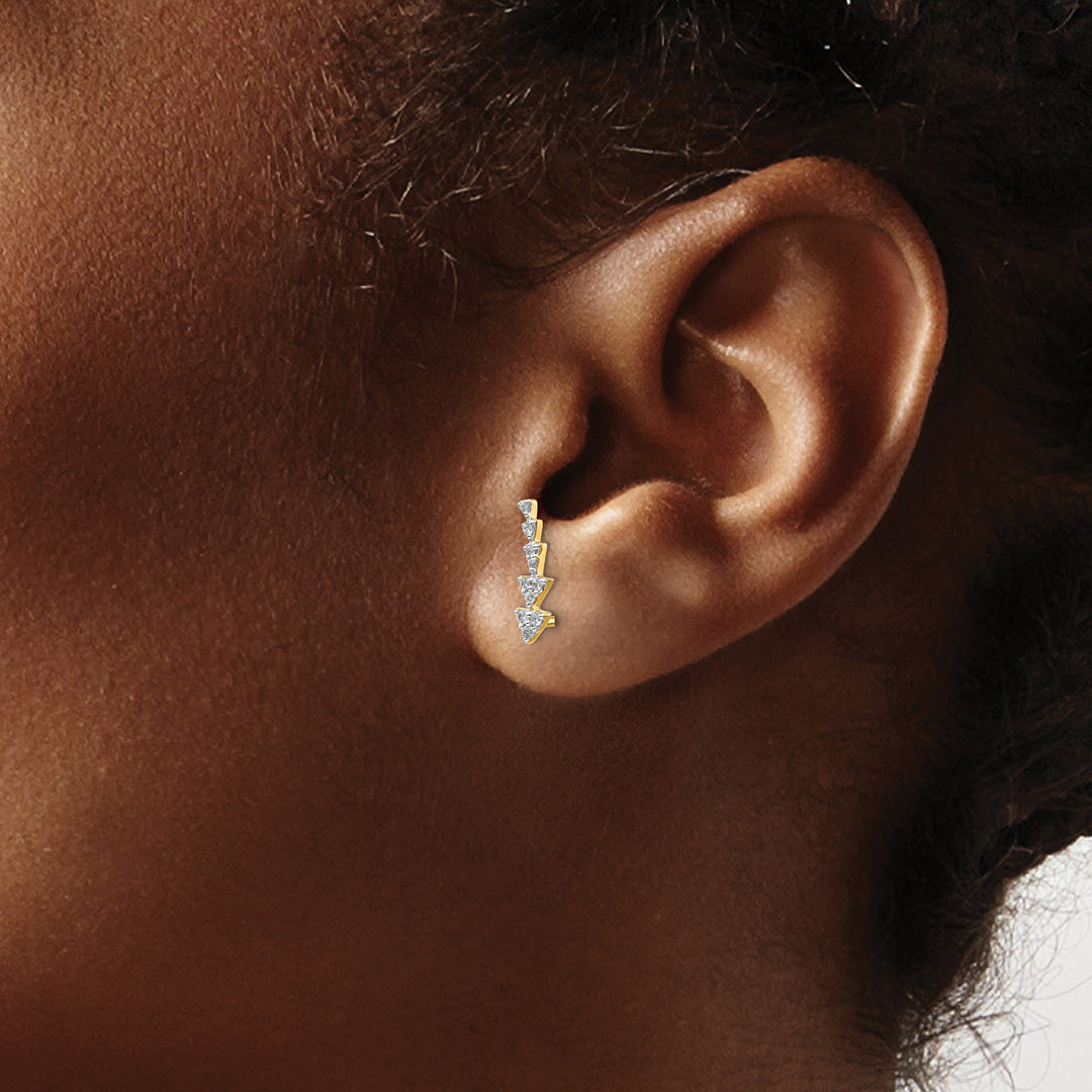 14k Yellow Gold 1/6 CT Diamond Triangles Ear Climber Earrings