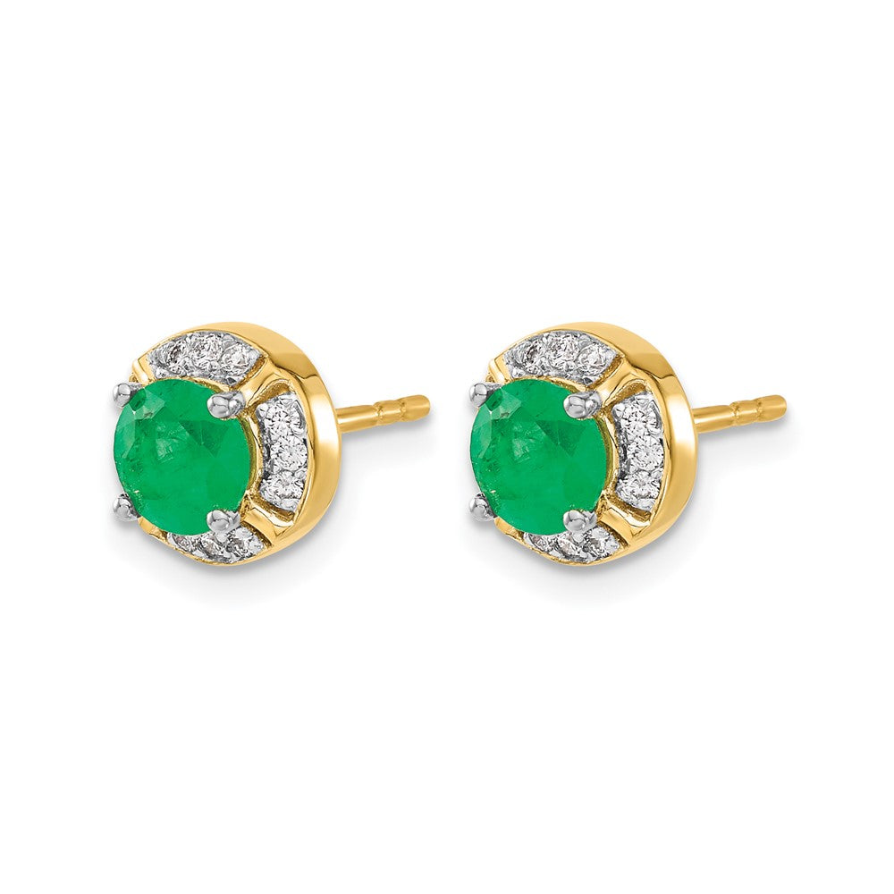 14K Yellow Gold 5mm Round Emerald and Diamond Halo Post Earrings, view 2 of 4