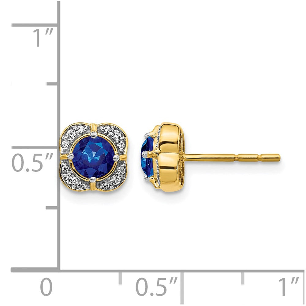 14K Yellow Gold 4.5mm Round Sapphire and Diamond Square Post Earrings, view 2 of 2