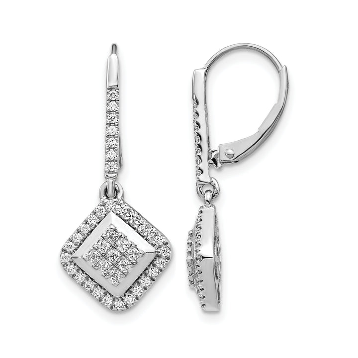 14k White Gold 1/2 CT Diamond Square Shape Cluster Leverback Earrings