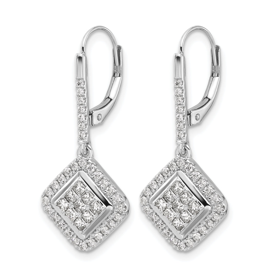 14k White Gold 1 CT Diamond Square Cluster Leverback Earrings