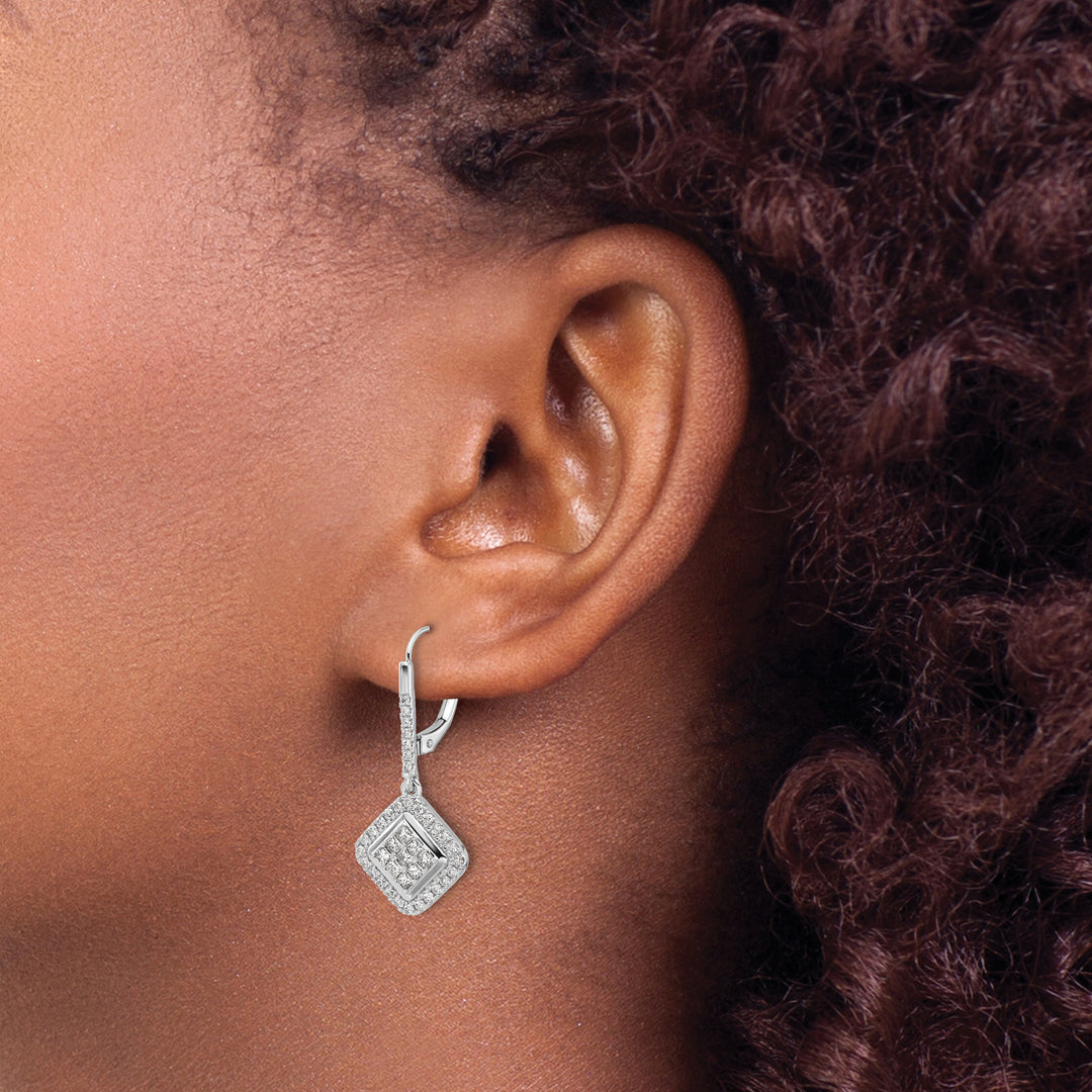 14k White Gold 1 CT Diamond Square Cluster Leverback Earrings