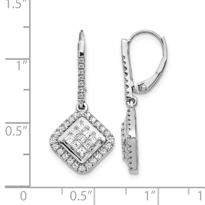 14k White Gold 1 CT Diamond Square Cluster Leverback Earrings