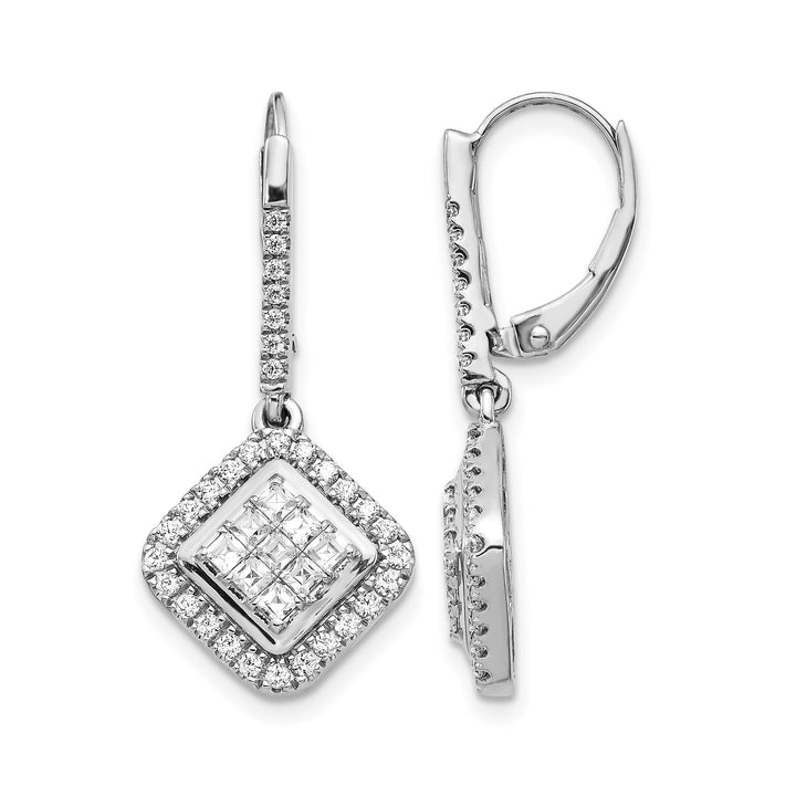 14k White Gold 1 CT Diamond Square Cluster Leverback Earrings