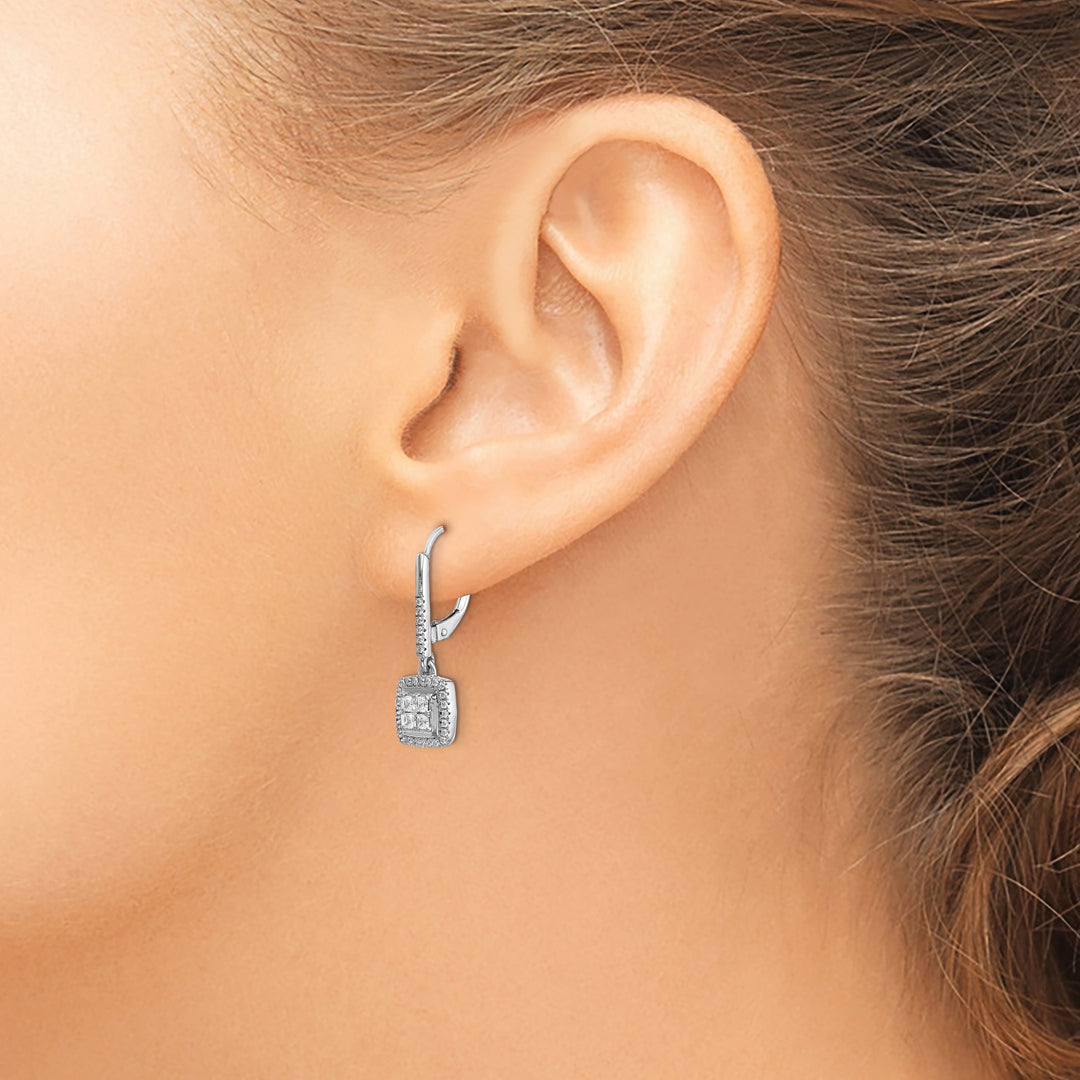 14k White Gold 1/2 CT Diamond Square Cluster Leverback Earrings
