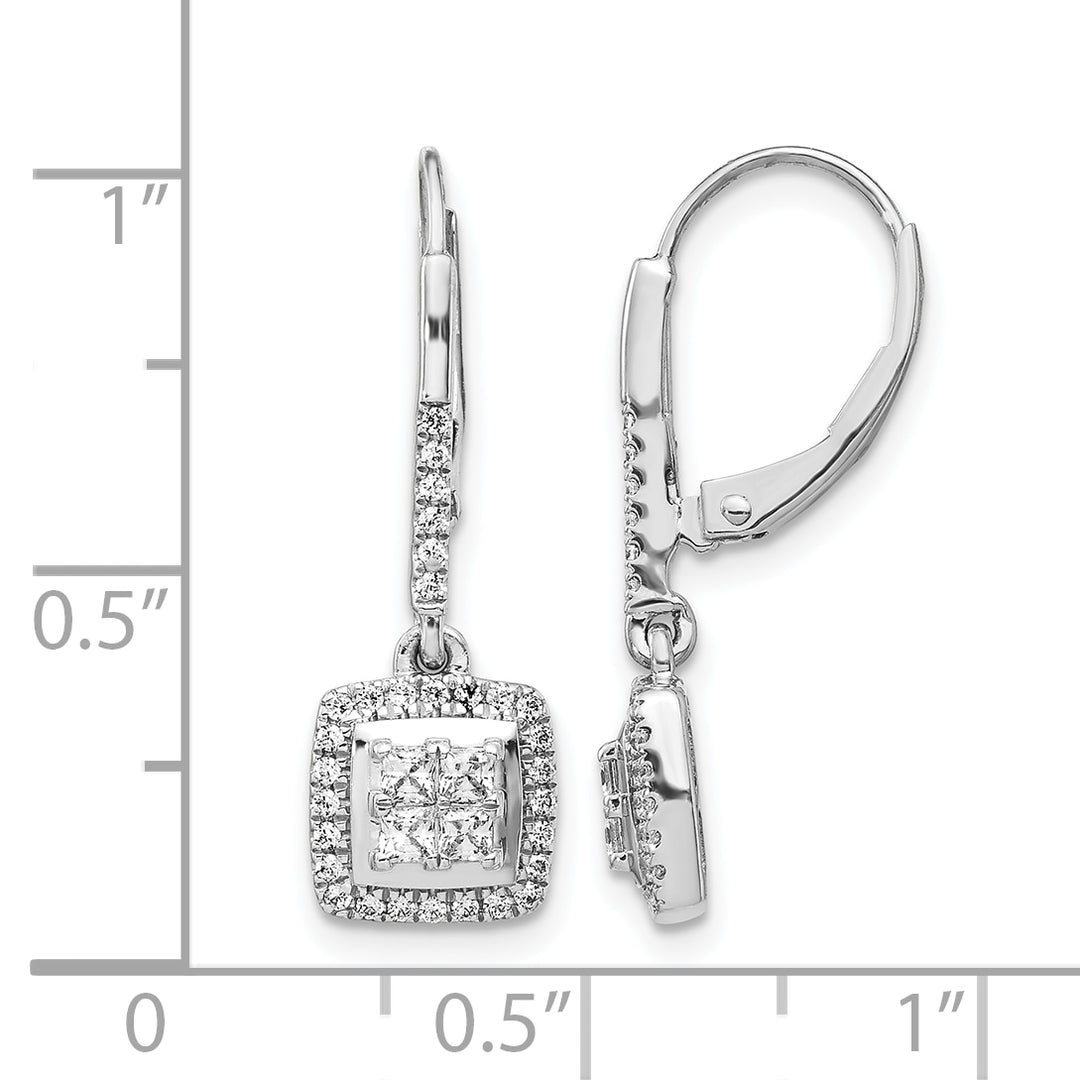 14k White Gold 1/2 CT Diamond Square Cluster Leverback Earrings