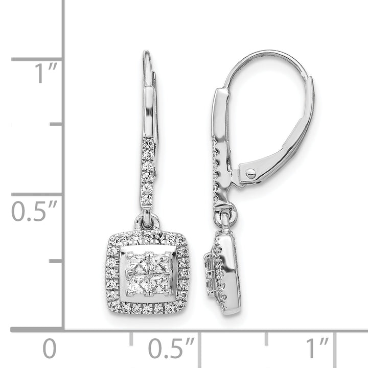 14k White Gold 1/2 CT Diamond Square Cluster Leverback Earrings