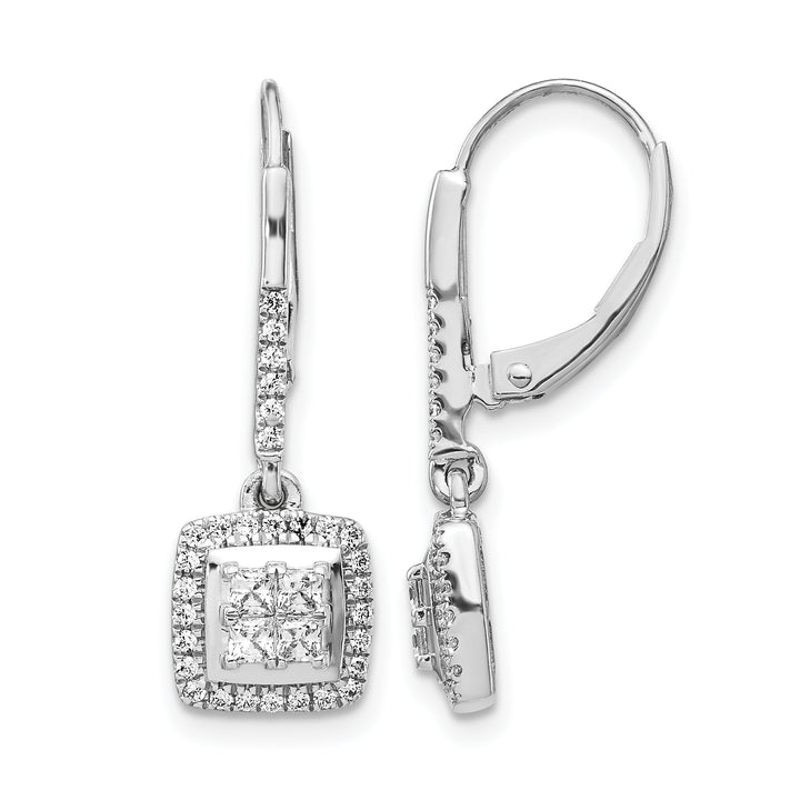 14k White Gold 1/2 CT Diamond Square Cluster Leverback Earrings