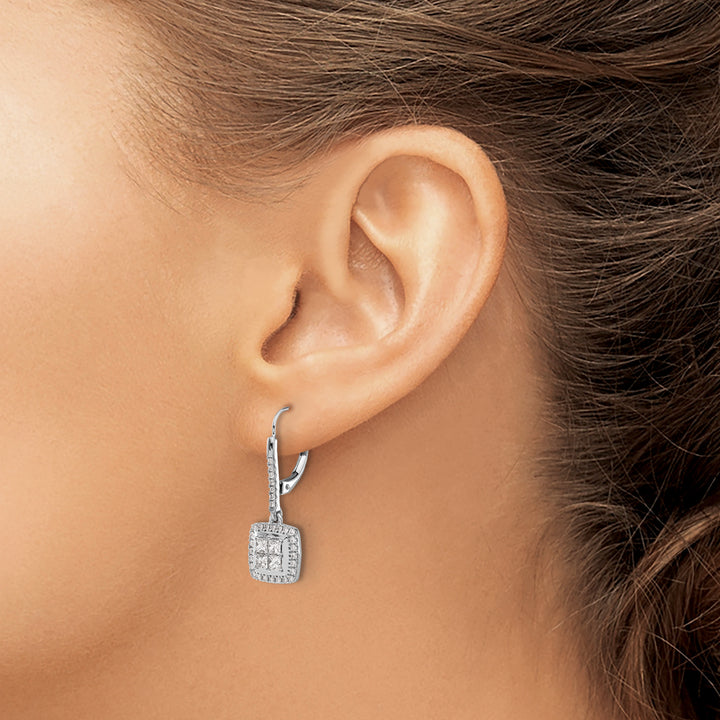 14k White Gold 1 CT Diamonds Square Cluster Leverback Earrings