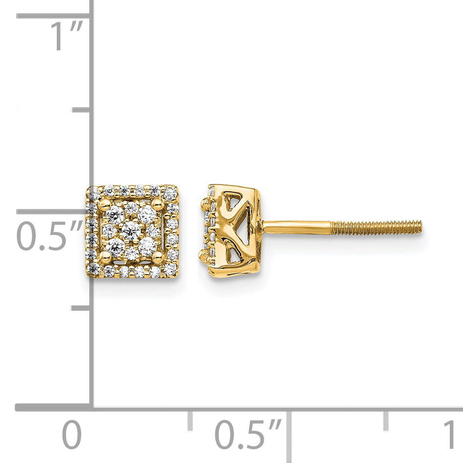 14k Yellow Gold 1/4 CT Diamond Cluster Square Screwback Post Earrings