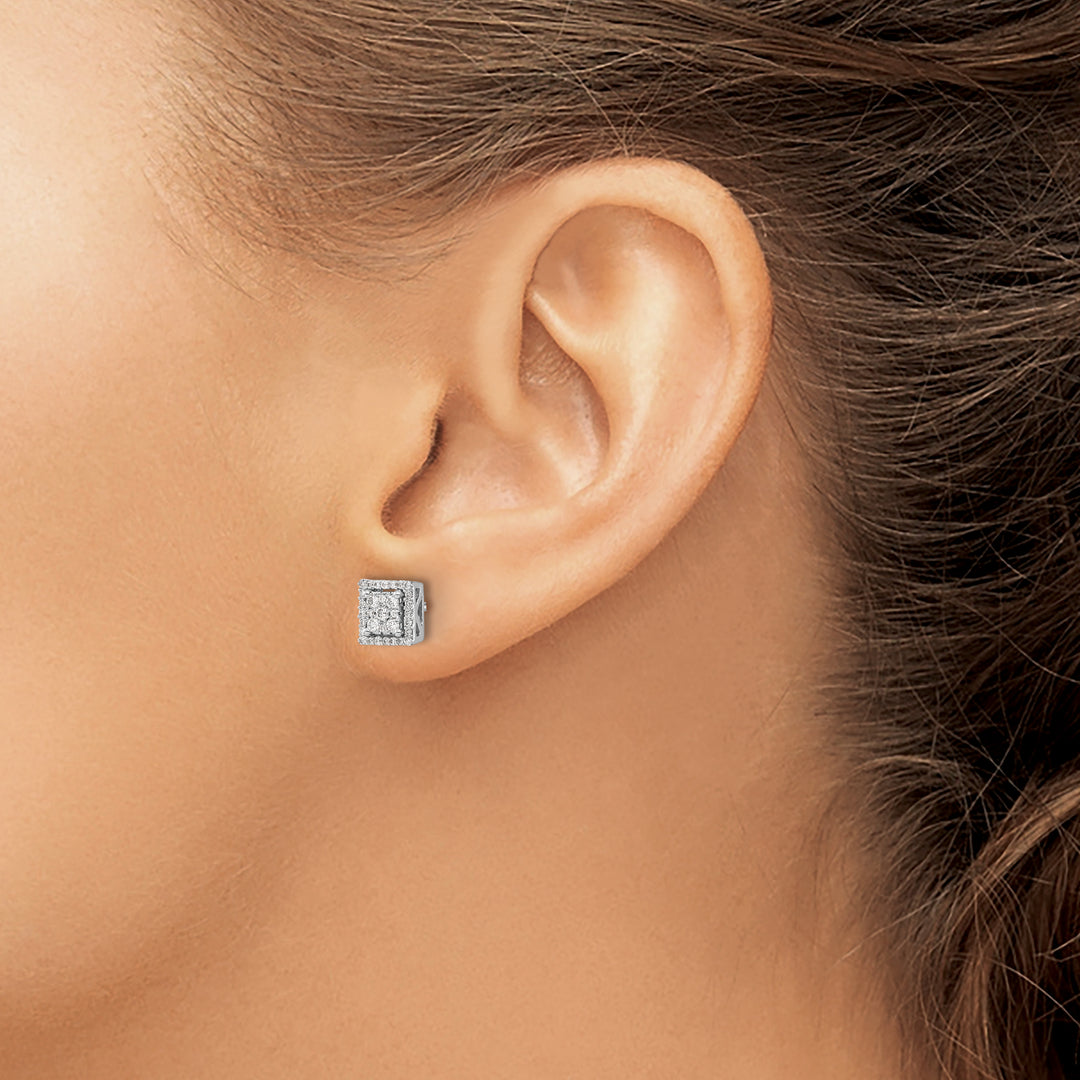 14k White Gold 1/3 CT Diamond Cluster Square Screwback Post Earrings