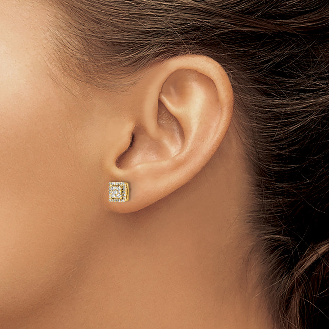 14k Yellow Gold 1/3 CT Diamond Cluster Square Screwback Post Earrings