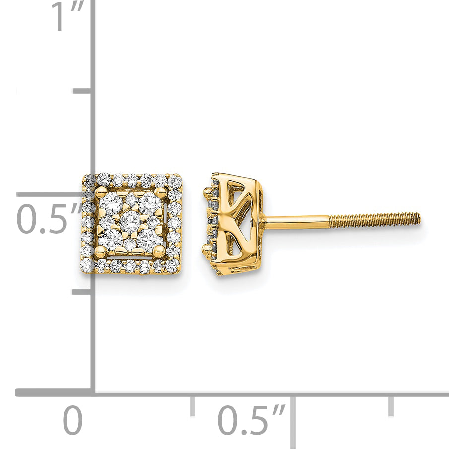 14k Yellow Gold 1/3 CT Diamond Cluster Square Screwback Post Earrings