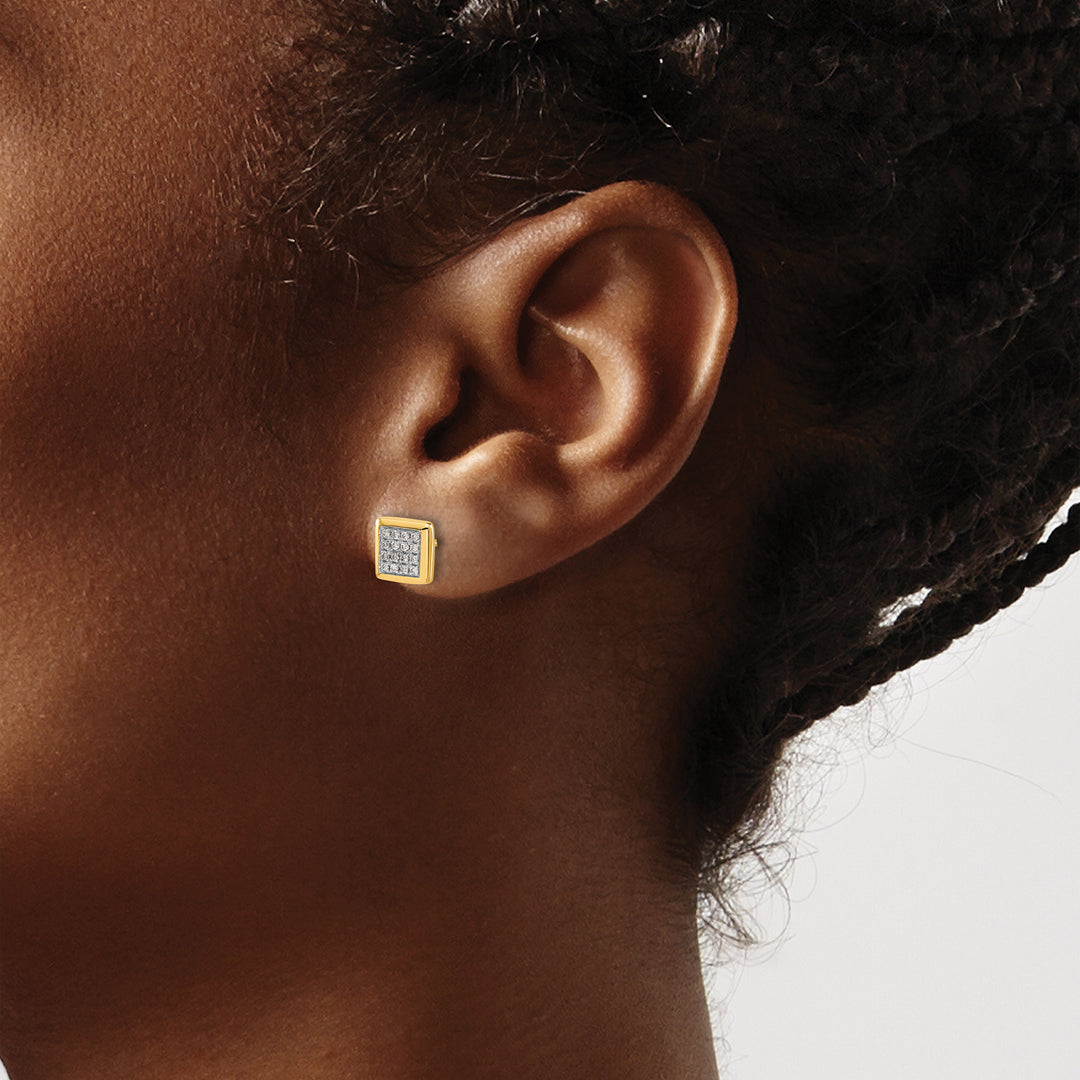 14k Yellow Gold 1/8 CT Diamond Cluster Square Post Earrings