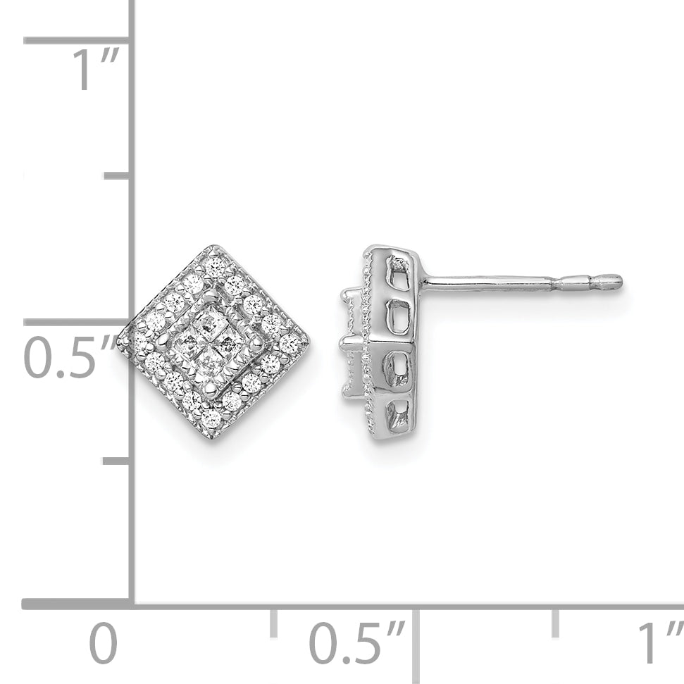 14k White Gold 1/4 CT Diamond Square Clusters Fancy Post Earrings