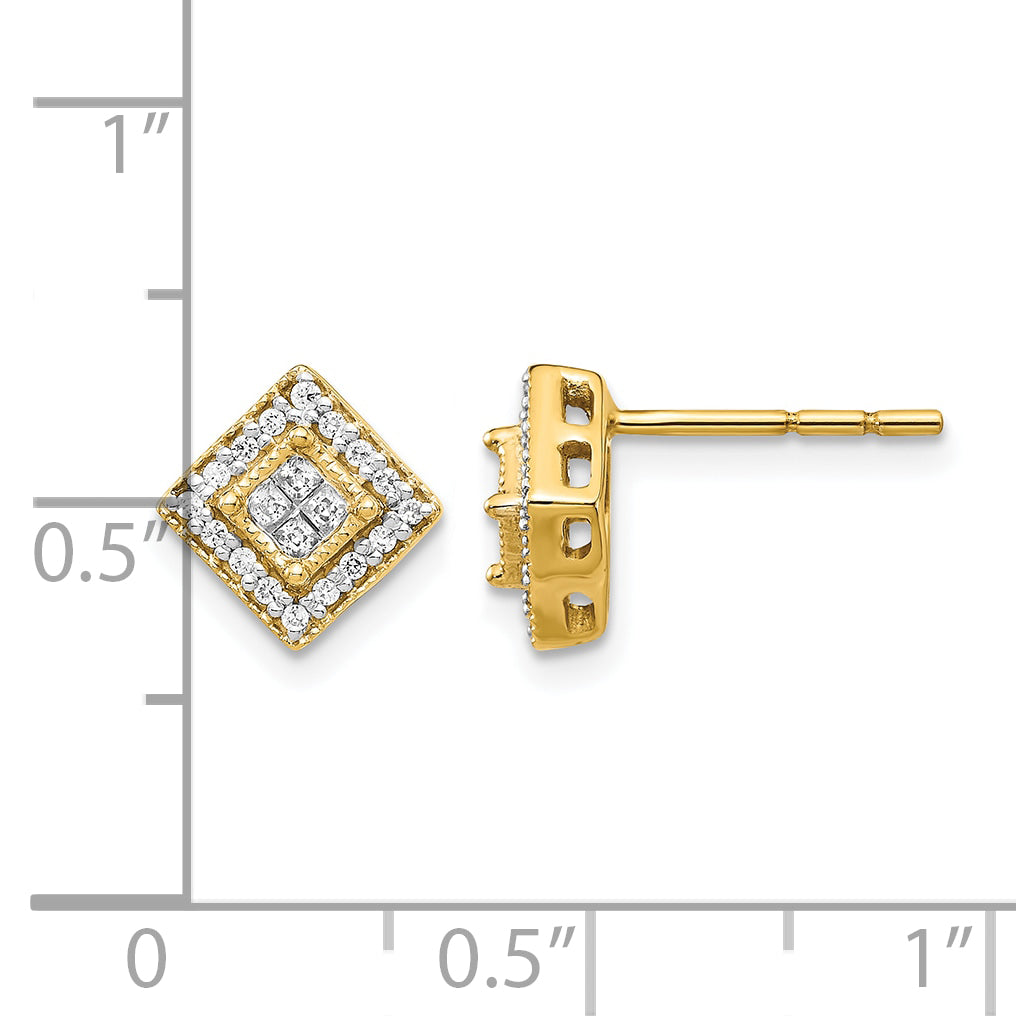 14k Yellow Gold 1/4 CT Diamond Square Design Cluster Post Earrings