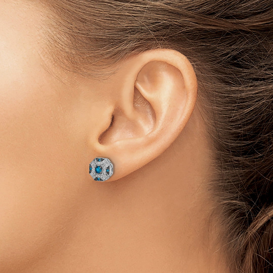 14k White Gold 1/4 CT White Blue Diamond Fancy Octagon Post Earrings