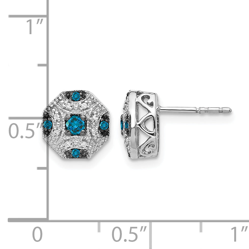 14k White Gold 1/4 CT White Blue Diamond Fancy Octagon Post Earrings